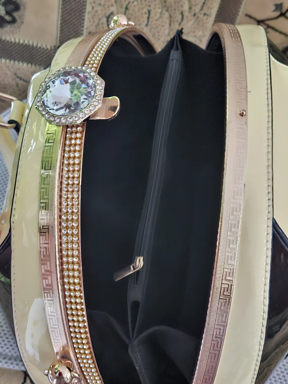 Elegant Patent Handbag With Crystal Clasp